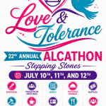 Colorful flyer for the 22nd Annual Alcathon, Love & Tolerance, July 10–12 2026 at Stepping Stones Alano Club, Santa Clarita CA.