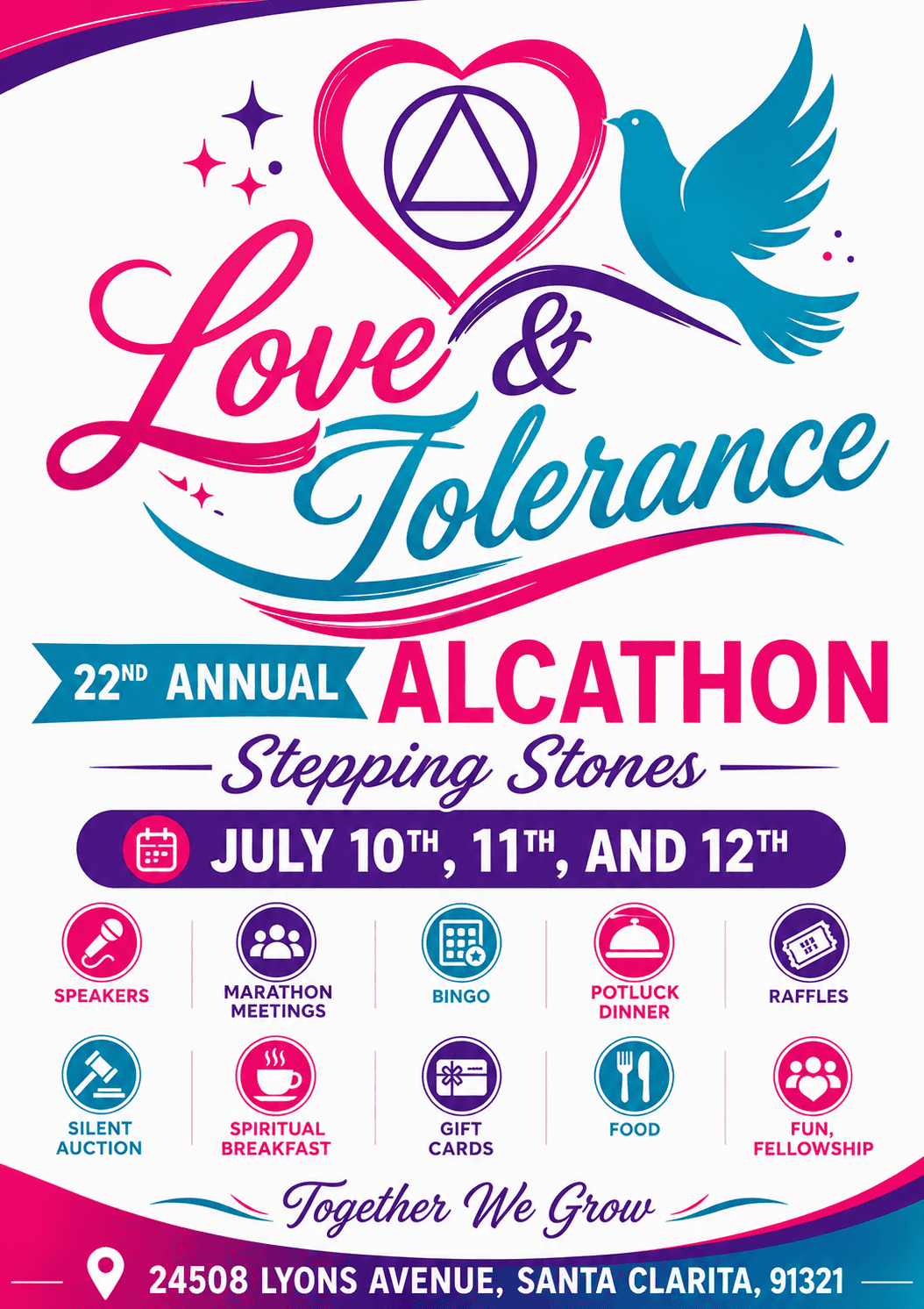 2026-07-10_22nd-annual-alcathon-love-and-tolerance Colorful flyer for the 22nd Annual Alcathon, Love & Tolerance, July 10–12 2026 at Stepping Stones Alano Club, Santa Clarita CA.